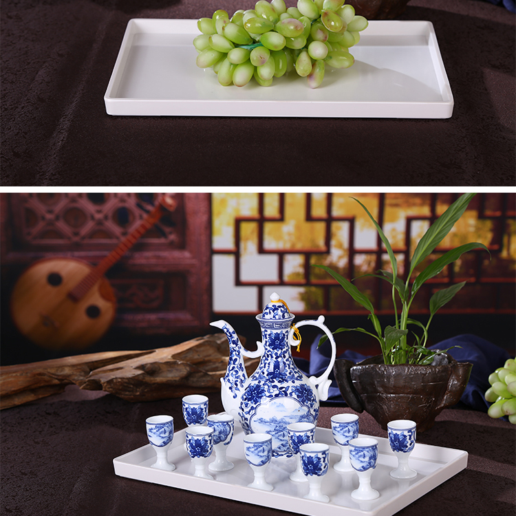 
                                        白长方形欧式盘子酒具托盘 茶具托盘 茶杯托盘 密胺仿瓷酒店客房白色防滑茶水杯托盘 白色  光面托盘                