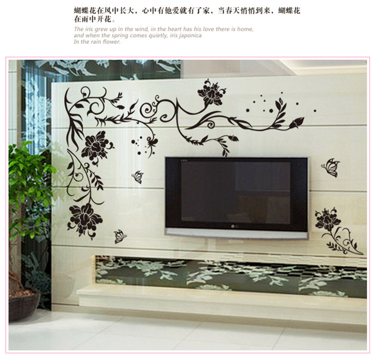 凡雅空间 可移除墙贴纸贴画黑白创意浪漫蝴蝶花电视背景墙客厅沙发装饰黑色 蝴蝶花 特大号
