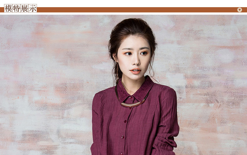 蒲牌衬衫2015秋女大码女装衬衣刺绣苎麻长袖衬衫 深红色 M