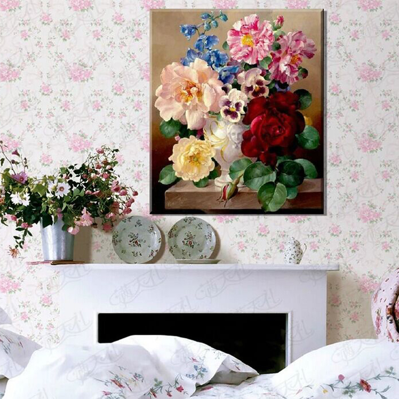皇室珍品蒙娜丽莎十字绣花瓶红玫瑰风景花卉油画风格春娇百媚新款客厅画 3股绣 丝线大版 全绣 绣布尺寸 60x70厘米