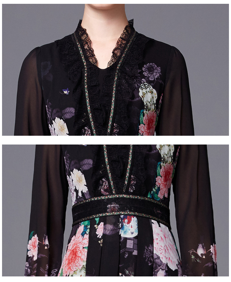 sussi/古色 18春季新品 黑底v型花边领女装连衣裙 28173060 黑色 160