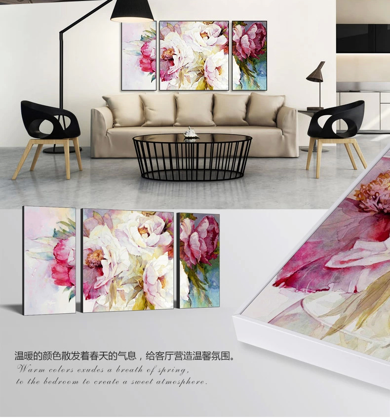 天画简约大气客厅装饰画卧室油画壁画挂画三联画粉红花卉 白色框 160X80cm(套画价出售)