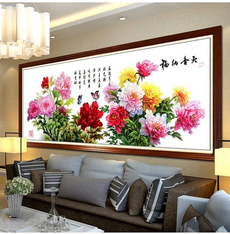 梦雅莉 印花十字绣天香纳福 十字绣牡丹花花开富贵图客厅风景2米图 9CT大格-四股绣-丝线款233*84cm
