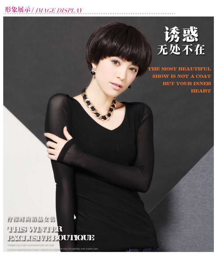 艾莱度2015韩版网纱长袖修身打底衫性感V领T恤印花显瘦衫FB2043-C_8629 黑色 M