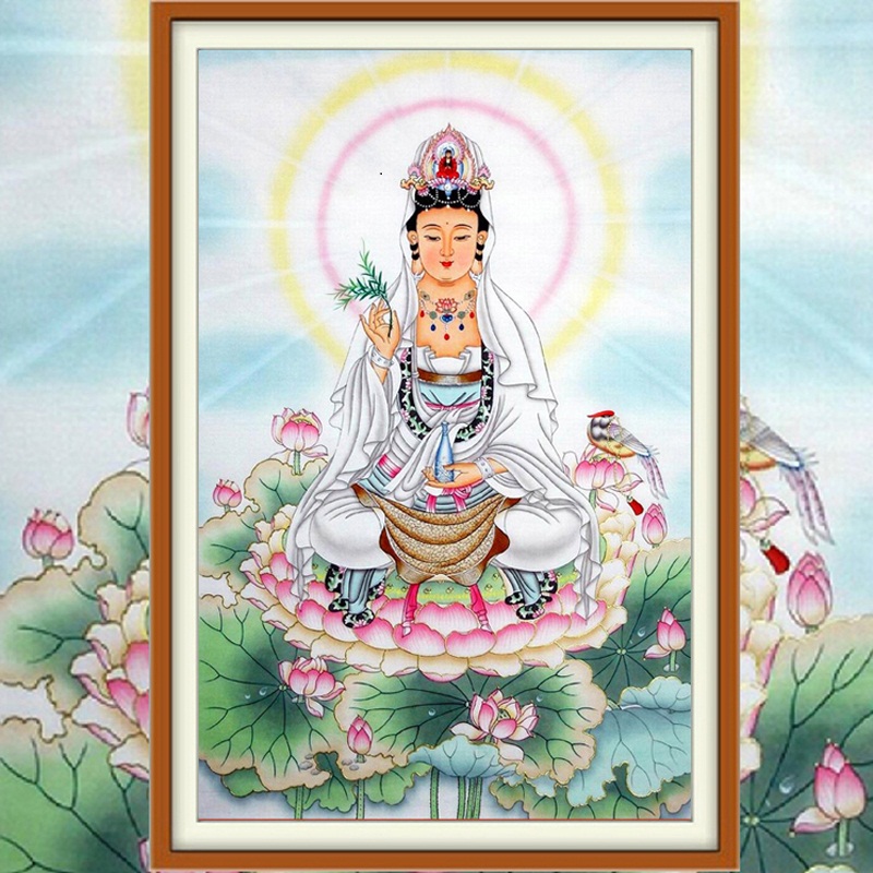 蒙娜丽莎十字绣走廊装饰画坐莲观音现代壁画客厅观世音菩萨法像新观音法像十字绣观音菩萨宗教墙画 大格棉线新观音法像84*12.