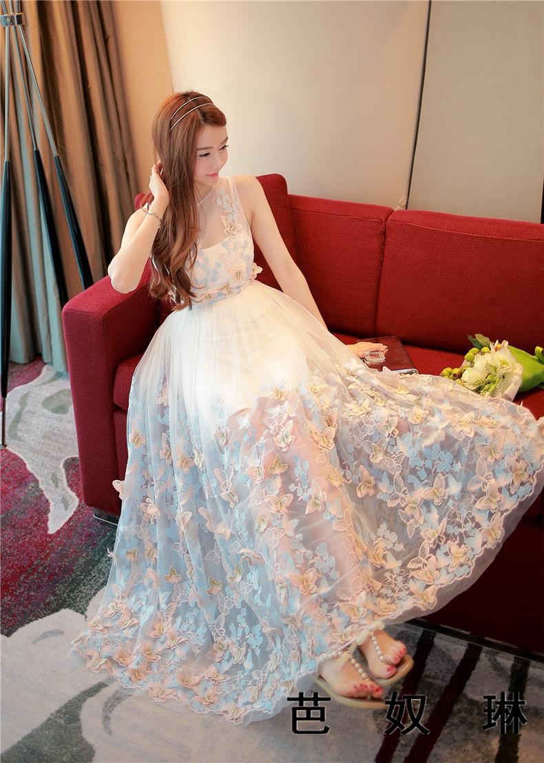 芭奴琳新夏款网纱刺绣仙女立体蝴蝶长裙度假裙连衣裙女 浅蓝色 s_现价