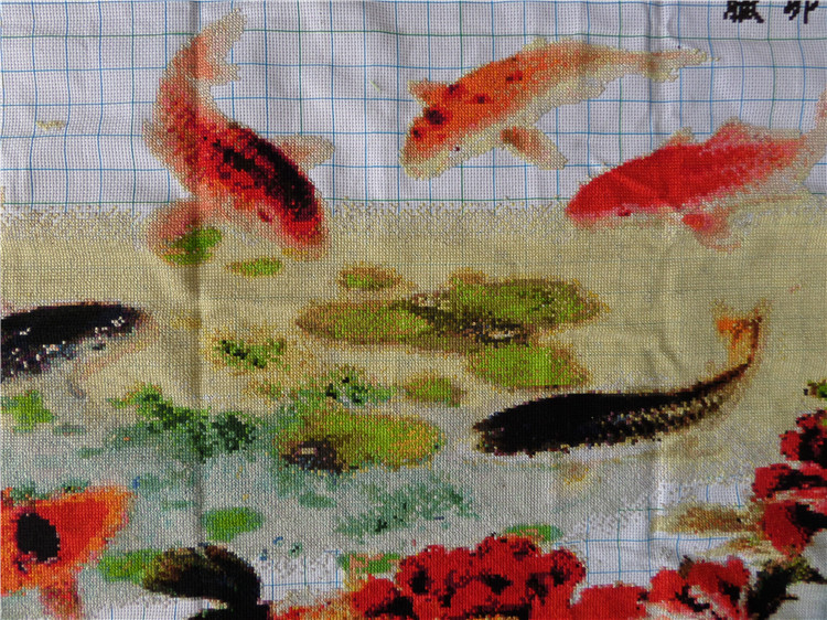 嫣织 纯手工绣好的十字绣成品赏鱼图九鱼聚财九鱼图客厅大幅装饰刺绣