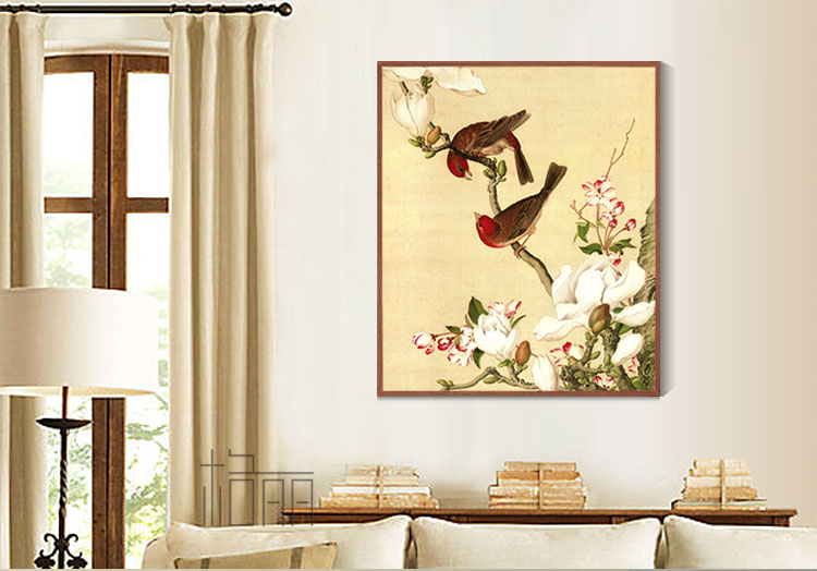 Timax客厅装饰画中式实木有框画 郎世宁花鸟画 客厅背景画玄关壁画餐厅挂画新中式别墅喷绘 喜上枝头-三联 60*80cm高档实木有框画35mm厚