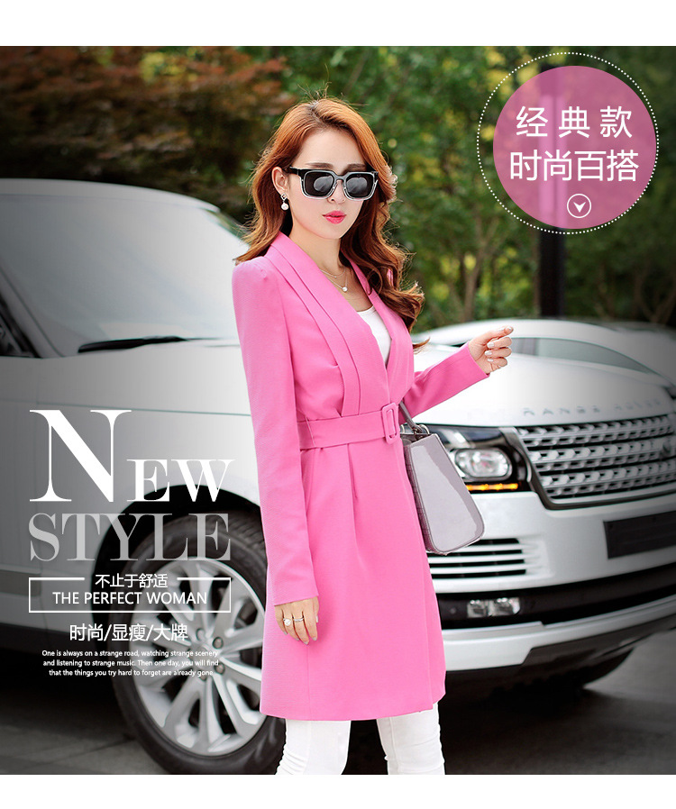 靓淑风衣长款欧美范时尚收腰显瘦V领长袖外套淑女秋装2015新 玫红色 L