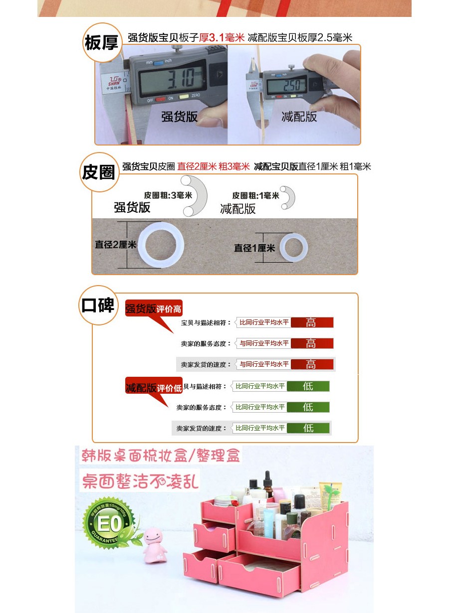 韩版创意DIY木质化妆品收纳盒带抽屉桌面储物大圈厚板置物架 拼色