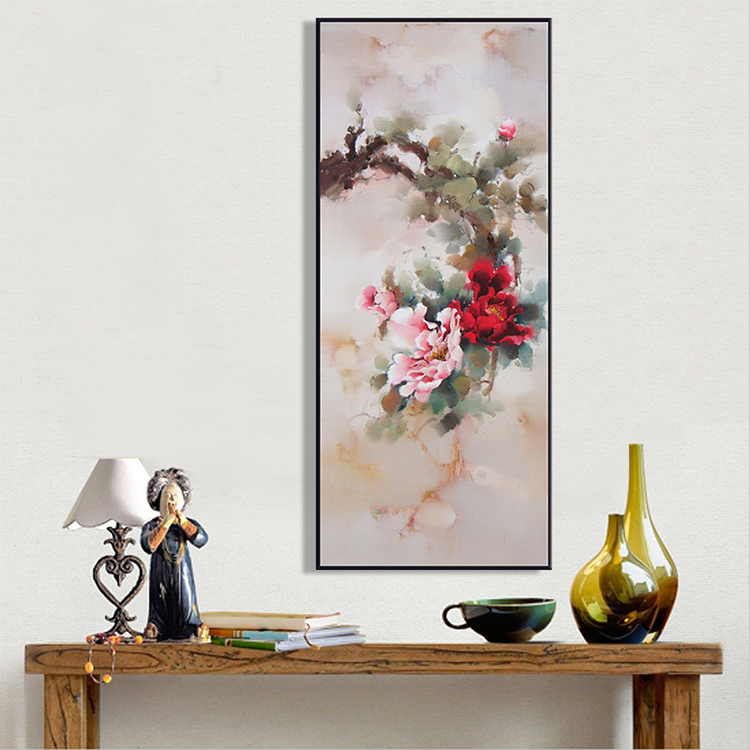 天顶山 中式客厅装饰画现代油画沙发背景墙挂画玄关壁画牡丹花卉 简约画框+手工装裱+简约现代 50x120cm