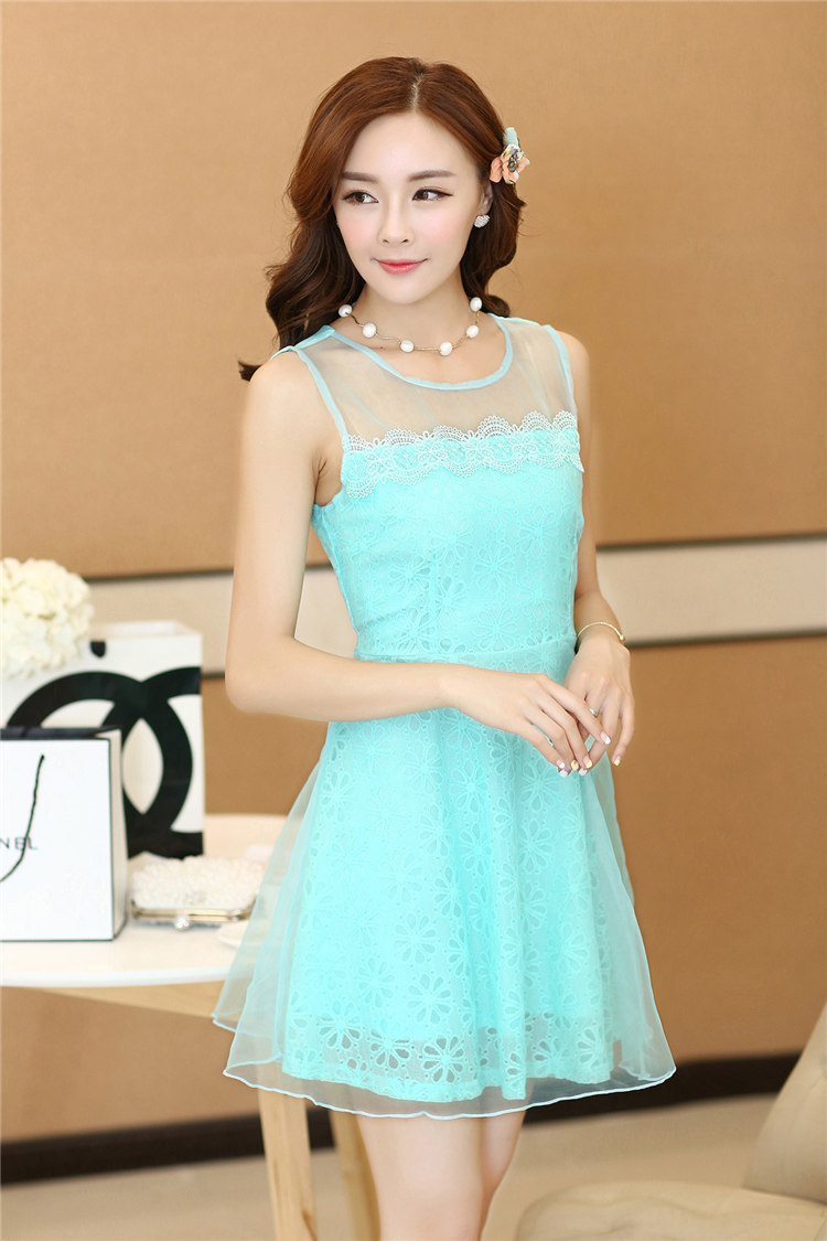 伊莎慕菲 2014夏装新款韩版名媛气质网纱拼接欧根纱修身无袖连衣裙