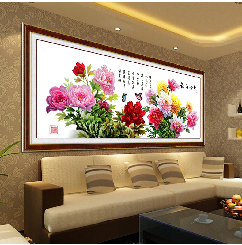 梦雅莉 印花十字绣天香纳福 十字绣牡丹花花开富贵图客厅风景2米图 9CT大格-四股绣-丝线款233*84cm