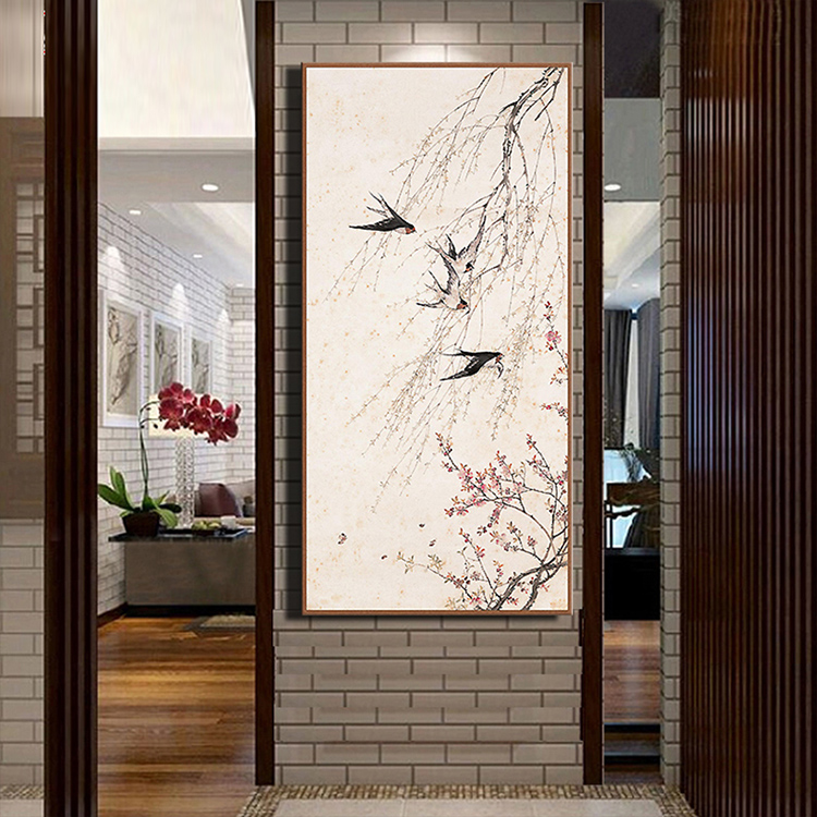 
                                                            天顶山 新中式玄关装饰画 竖版走廊壁画风景国画墙画酒店会所燕子风水画挂画 掌柜推荐+品质保证+手工装裱 50*105cm                