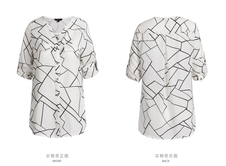 莫丽菲尔2015秋季新款 时尚几何图形半开领七分袖衬衫 女 印花混色 S