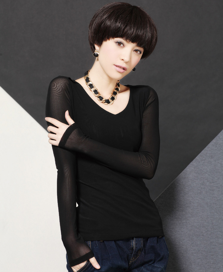 艾莱度2015韩版网纱长袖修身打底衫性感V领T恤印花显瘦衫FB2043-C_8629 黑色 M