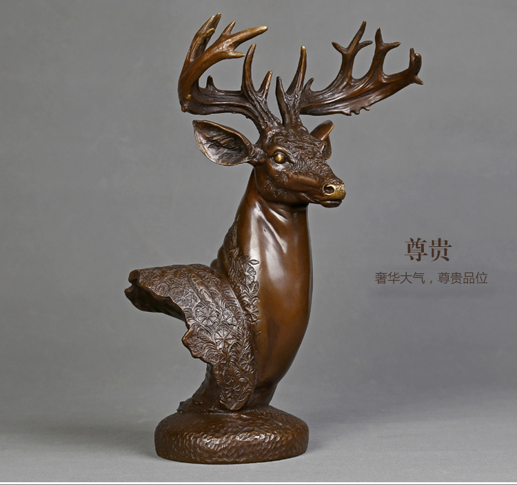 
                                                                                吉善缘 黄铜梅花鹿头装饰工艺品摆件 全铜麋鹿欧式创意家居客厅酒柜装饰品电视柜办公室开业礼品 大号黄铜                