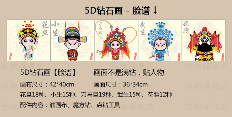 魔方钻贴钻绣 中国风国粹京剧 客厅装饰画 卡通小幅 q版脸谱 整套五幅