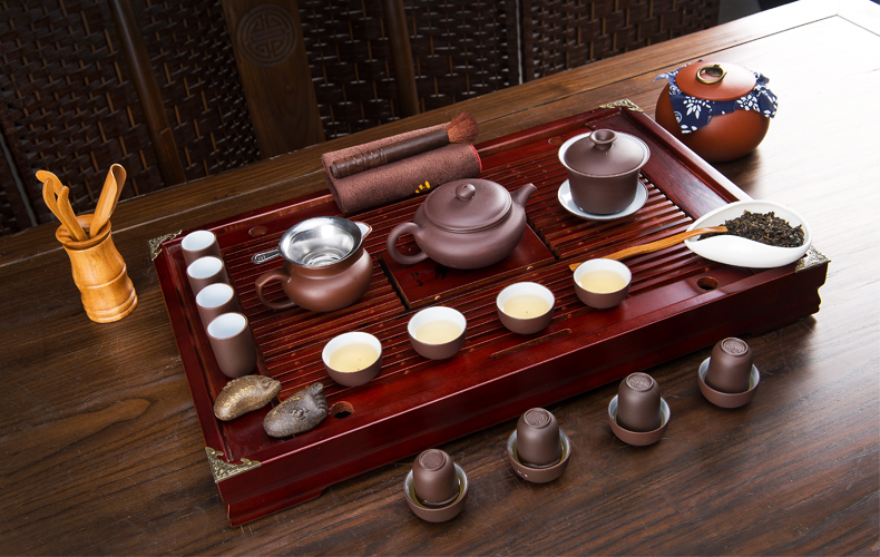 艺福堂吉祥宜兴紫砂茶具套装 整套茶具套装功夫茶带竹茶盘茶海 九九富贵