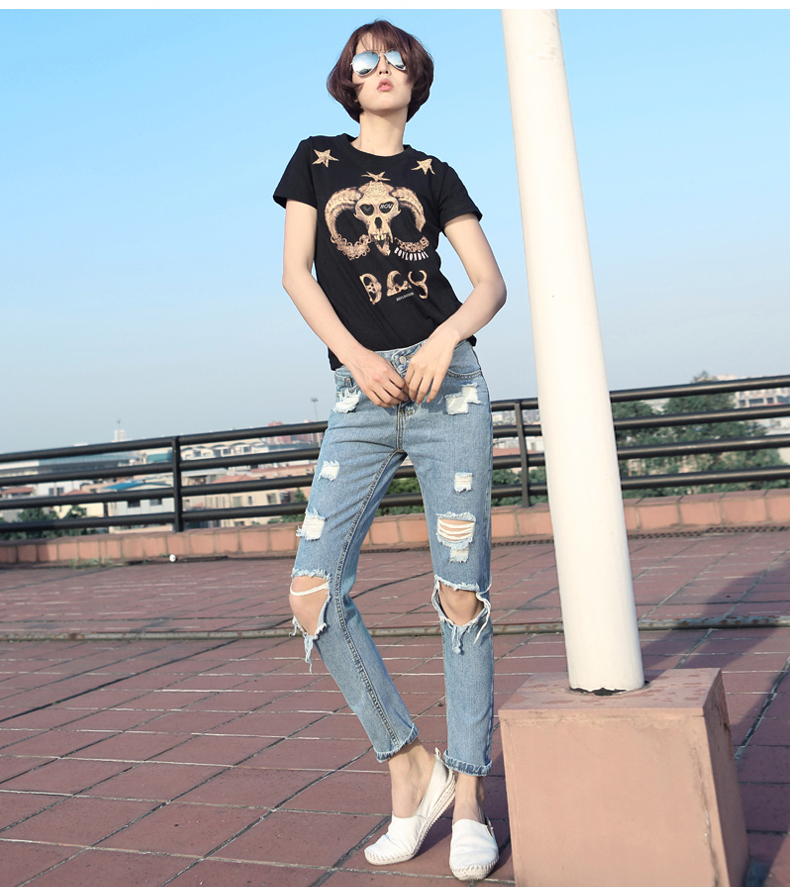 薇语馨 bf风宽松九分牛仔裤女 2015夏季新款大破洞乞丐裤休闲跨裤K3382 浅蓝色 26码