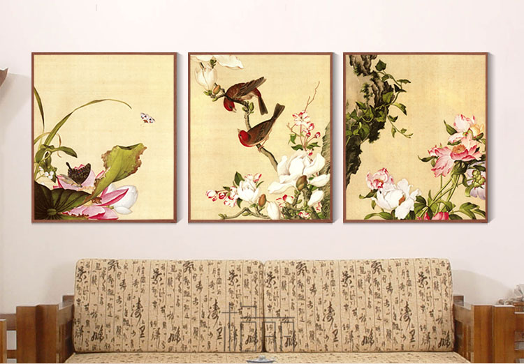 Timax客厅装饰画中式实木有框画 郎世宁花鸟画 客厅背景画玄关壁画餐厅挂画新中式别墅喷绘 喜上枝头-三联 60*80cm高档实木有框画35mm厚