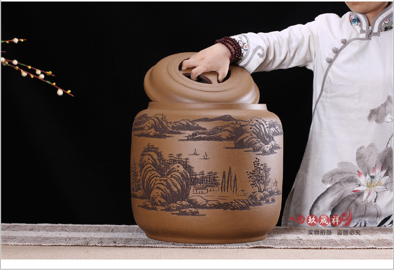 宜兴紫砂茶叶罐 紫砂缸特大 大号茶叶桶 普洱茶缸粗陶存茶罐 大圆山水紫砂缸