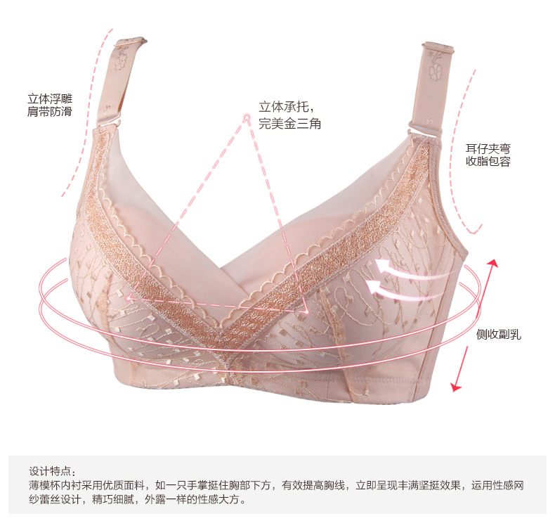 依纷<em>文胸</em> 聚拢调整 透气收副乳<em>3/4</em>蕾丝内衣<em>胸罩</em>