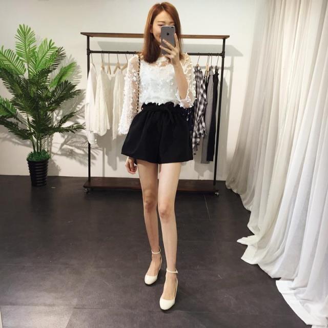纯束2015韩国百搭显瘦宽边松紧高腰系带花苞阔腿短裤 红色 XS