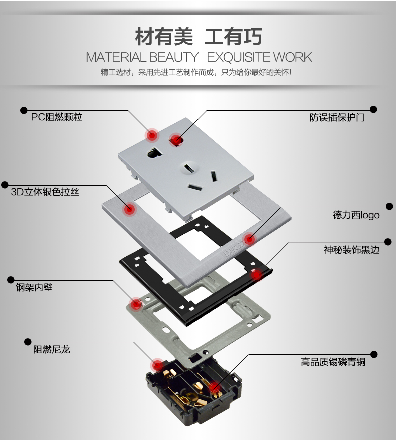 德力西(delixi)开关插座面板拉丝银色cd760一开五孔双控usb插座16a