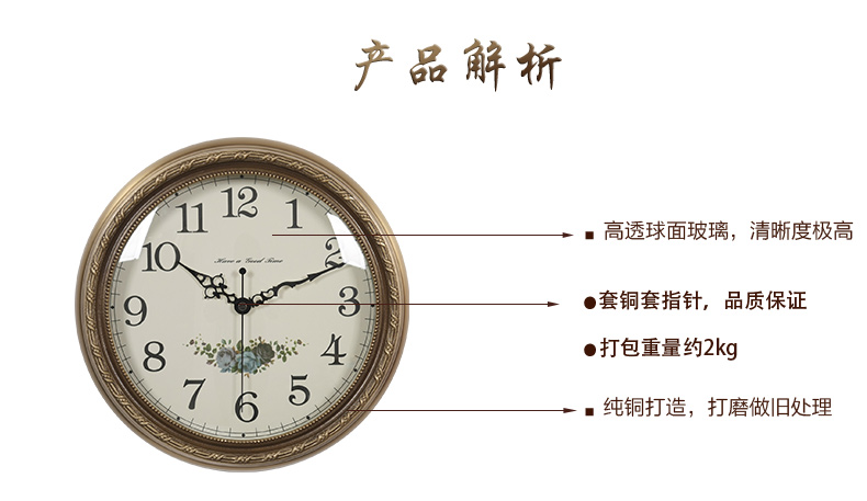 
                                        屯奇居（TQJ）欧式纯铜客厅镇宅挂钟单面挂表卧室时尚时钟静音圆形钟表 铜色 12英寸                
