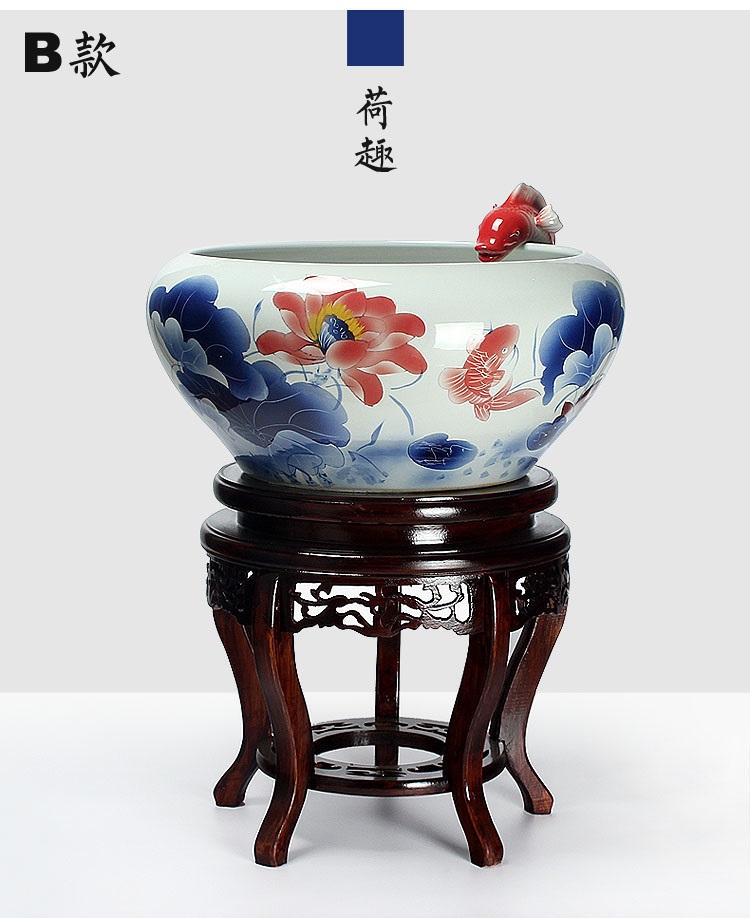 
                                        养荷花 水箱族包邮 景德镇陶瓷金鱼缸  手绘清荷过滤喷水风水乌龟缸 榆木底座风水摆件 D款                