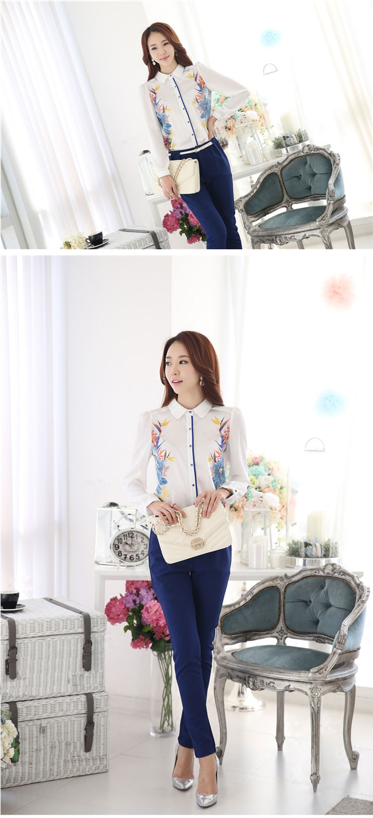 娜朵 2015秋季新款韩版女雪纺衫女长袖中长款雪纺职业装衬衫女套装 花朵雪纺衫+蓝色裤子 L