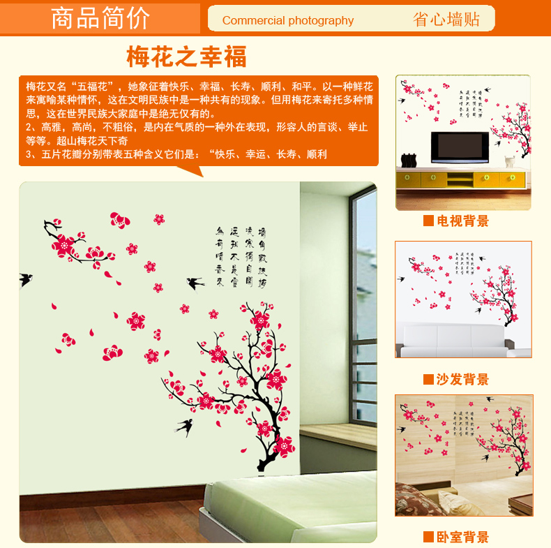 亿贴墙贴画客厅电视背景墙贴纸 卧室书房家居家饰家装 墙饰壁画梅花 梅花