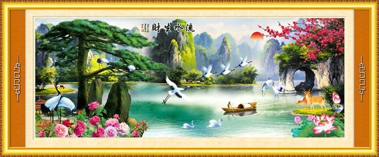 
                                        卡卡十字绣新款5D钻石画魔方圆钻流水生财点钻十字绣客厅书房山水大画钻石绣 魔方圆钻180*75cm 满钻全贴 130%钻量                