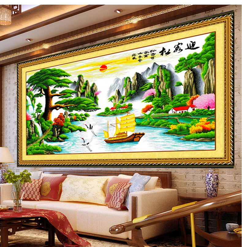 图慕 印花十字绣迎客松2米流水生财十字绣山水风景画客厅图 印花棉线款150*66cm