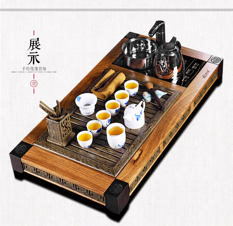 尚言坊整套陶瓷茶具 黑檀木鸡翅木实木茶盘 紫砂茶具套装四合一 鸡翅木五福四合一手绘三鱼图10入