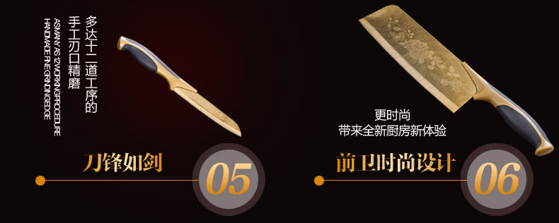 龙之艺 不锈钢刀具蔷薇钛金刀切片菜刀多用刀五件套装 L666