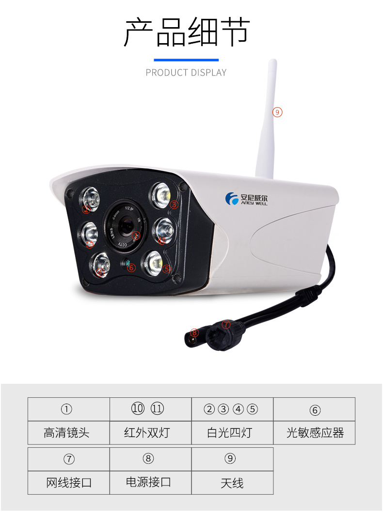 安尼威尔(aneywell)监控摄像头无线wifi手机远程家用监控器室外高清