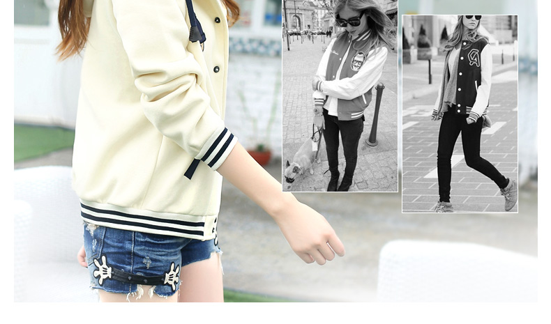 歌薇妮2015学院风连帽少女初高中学生加厚卫衣外套女春秋棒球服开衫外套 米白色 M