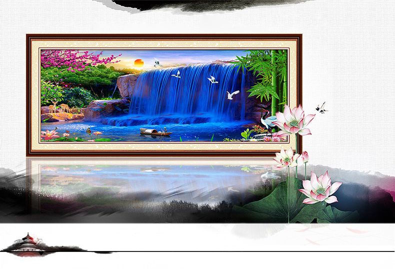 织巢鸟满钻钻石贴十字绣钻石绣3d流水生财客厅新款风景山水画2米财运亨通钻石画十字绣满绣印花 方钻满钻 250*114cm