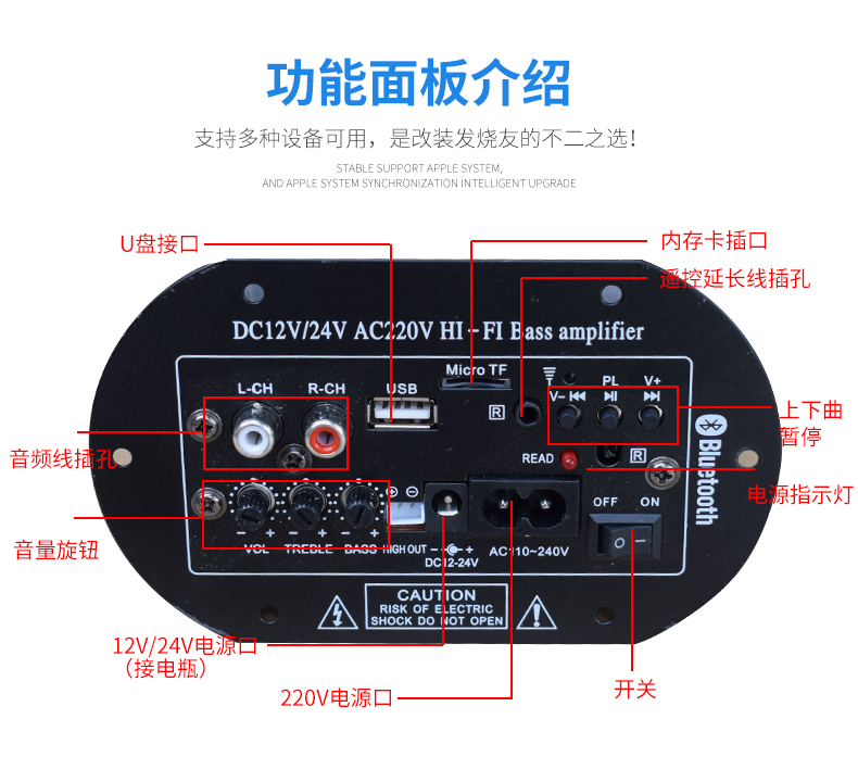 莱颂汽车低音炮改装6/8/10寸音响功放板12v/24v/220v通用蓝牙插卡功放