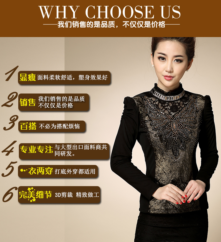 卡萱朵   秋冬加绒加厚网纱T恤 蕾丝高领打底衫 女装小衫#8910 黑色 3XL