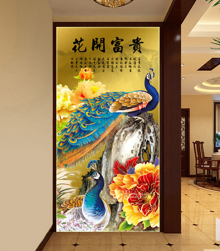 
                                        千尚十字绣新款客厅竖版钻石绣满钻钻石画花开富贵孔雀牡丹图 方钻满钻68*123CM                
