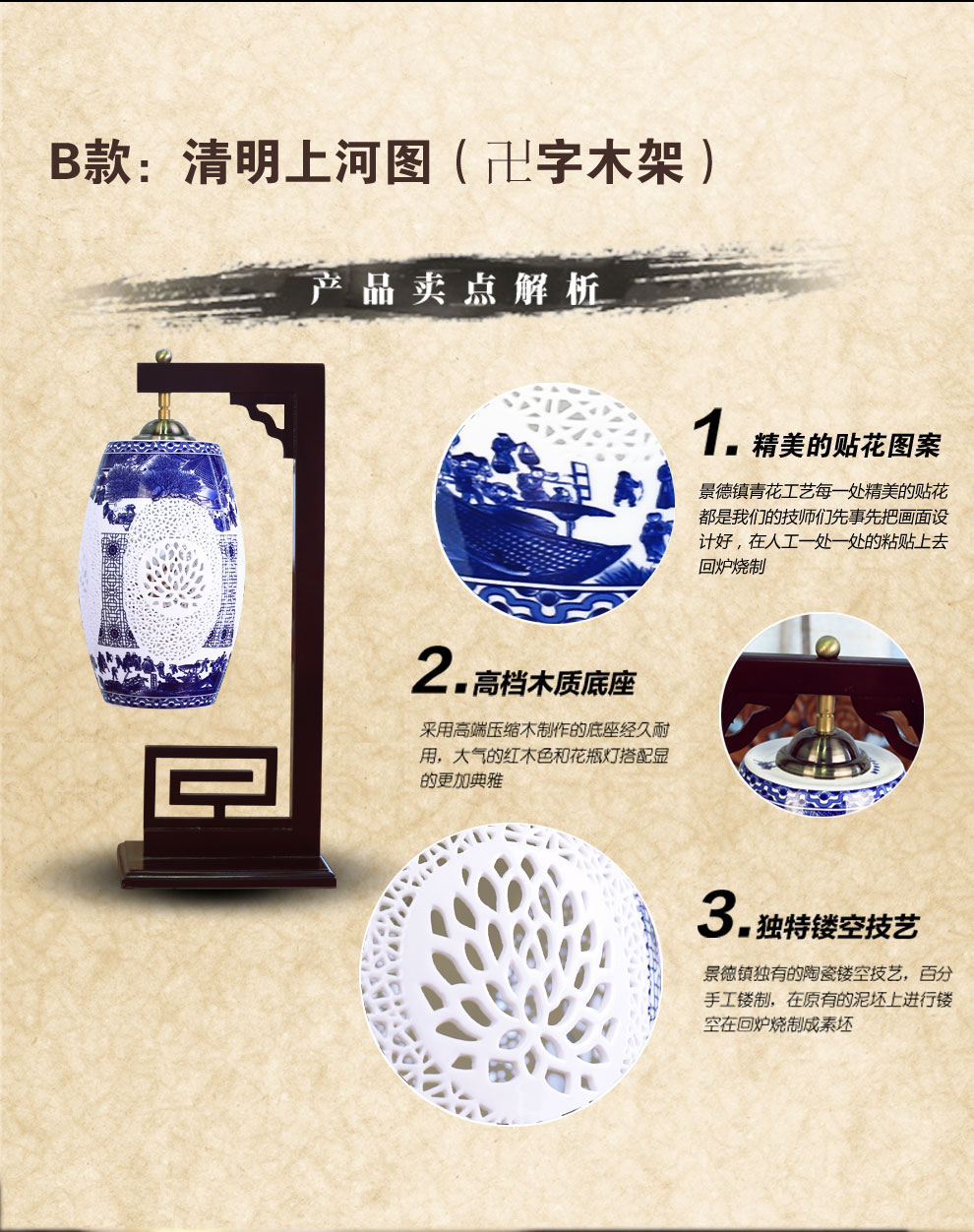 
                                        唐英陶瓷台灯景德镇青花古典 客厅卧室书房中式灯具送LED光源 清明上河图 A款  腰鼓木架清明上河图                