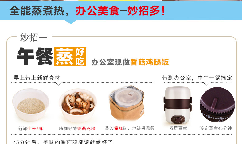 十度良品SD-965电热饭盒双层陶瓷内胆定时保温加热插电饭盒蒸饭器