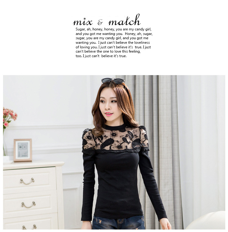 谜芙（MIFU）2015秋冬女装新款蕾丝拼接T恤修身长袖针织打底衫毛衣 灰色 XL