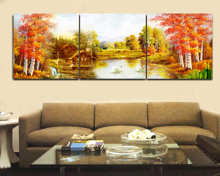 
                                                                                恋之屋   客厅现代简约装饰画风景画冰晶画 卧室壁画无框画三联挂画墙画 秋景 黄金大道 80*80 25MM冰晶玻璃面                