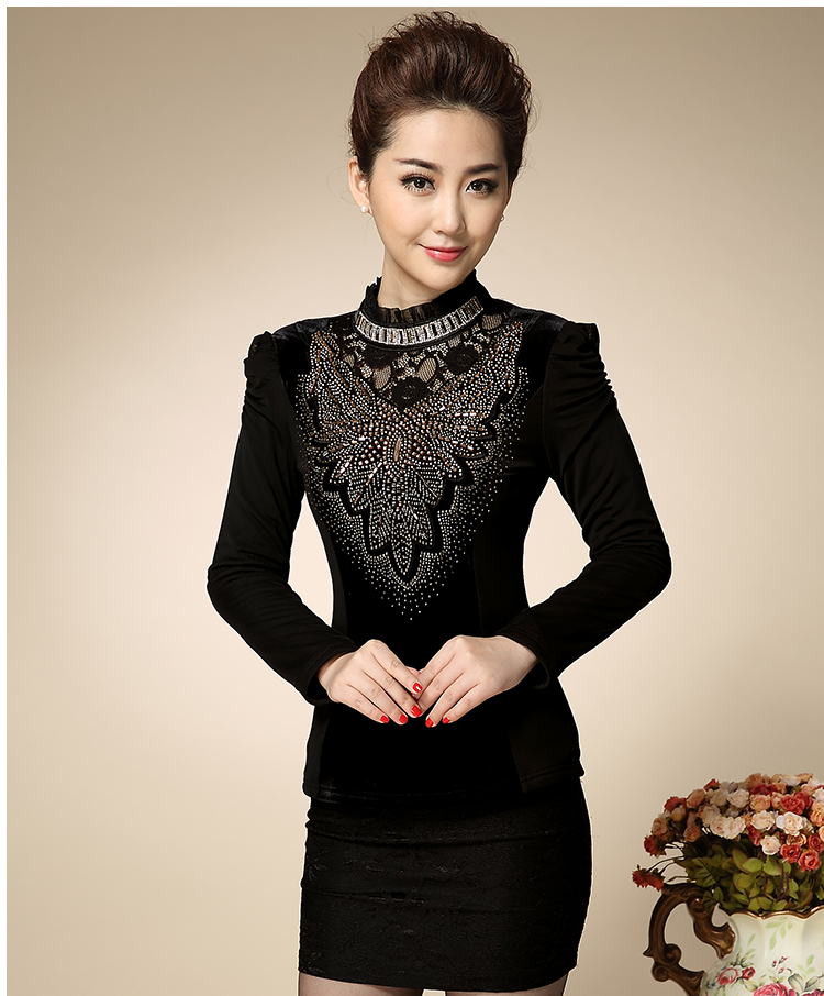 卡萱朵   秋冬加绒加厚网纱T恤 蕾丝高领打底衫 女装小衫#8910 黑色 3XL