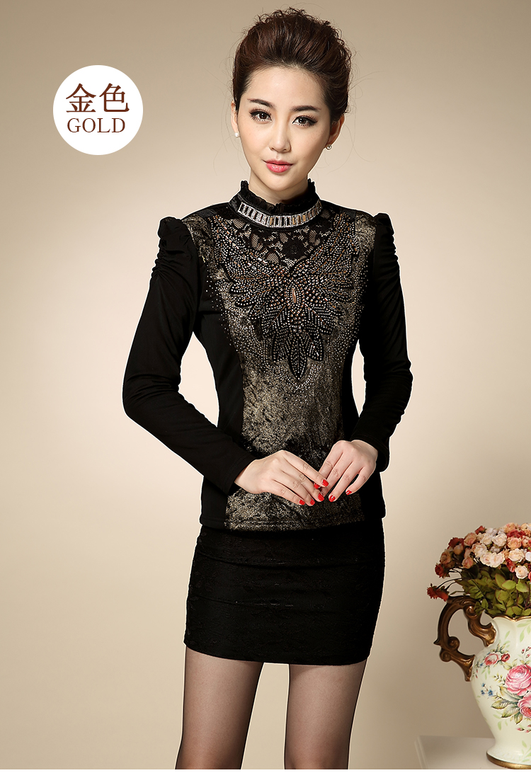 卡萱朵   秋冬加绒加厚网纱T恤 蕾丝高领打底衫 女装小衫#8910 黑色 3XL