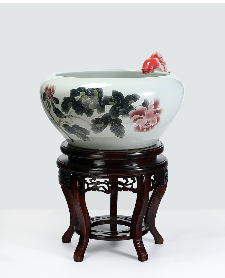 
                                        养荷花 水箱族包邮 景德镇陶瓷金鱼缸  手绘清荷过滤喷水风水乌龟缸 榆木底座风水摆件 D款                